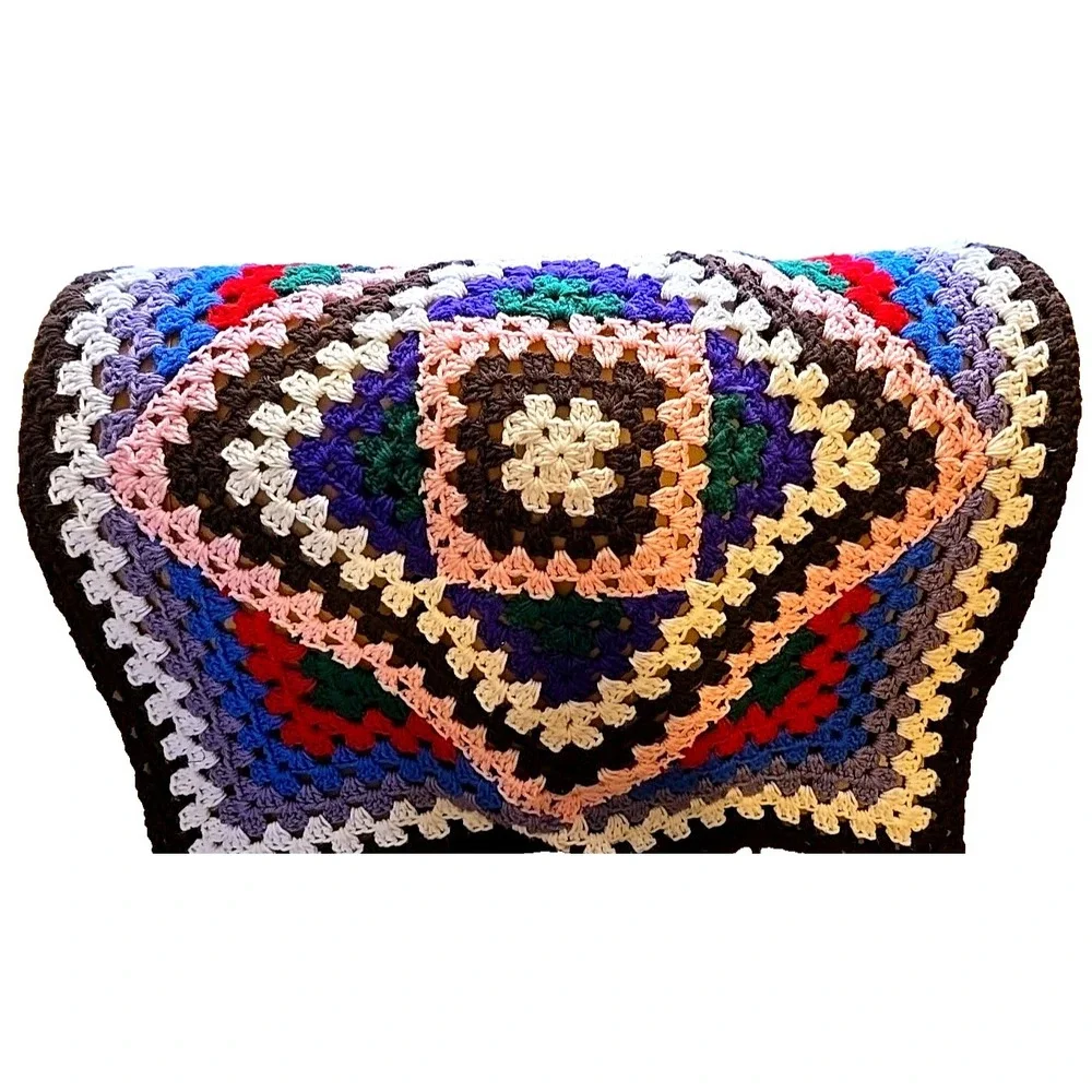 Vtg Handmade Granny‎ Square Crochet Afghan Blanket 30x29 Boho Multi-Color Retro